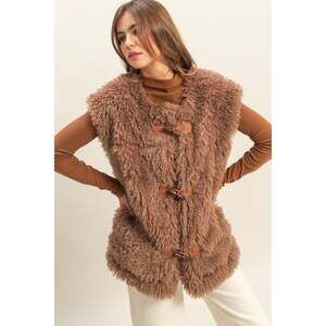 Camel Toggle Closure Teddy Faux Fur Longline Lined Vest with Pockets